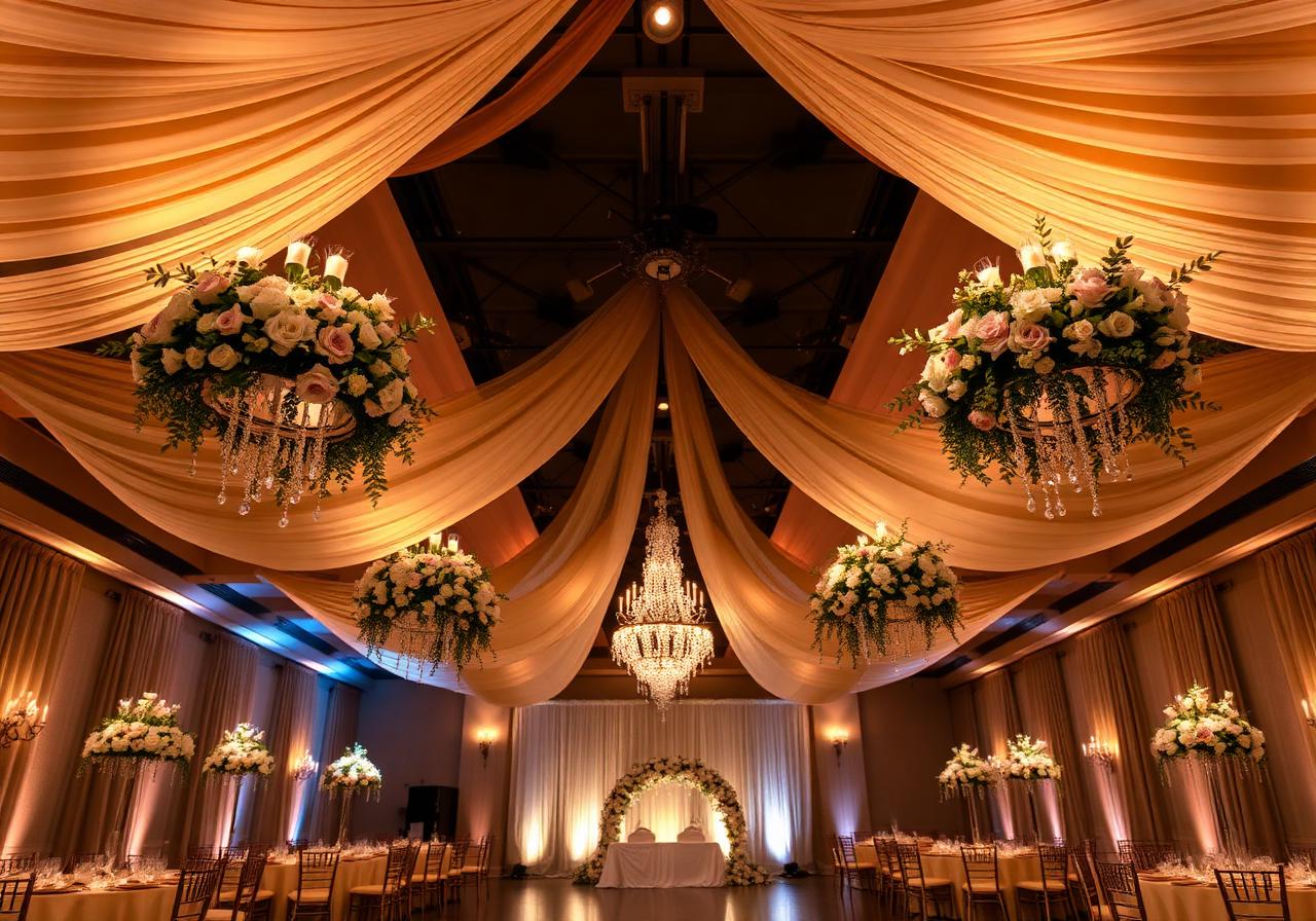 Ballroom with draped ceiling and floral chandeliers