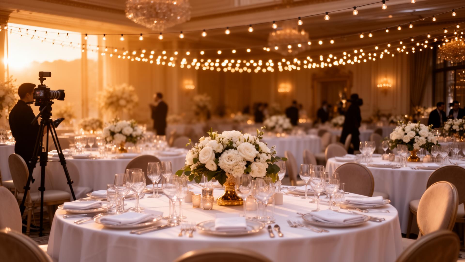 Elegant event venue with warm lighting and floral centerpieces