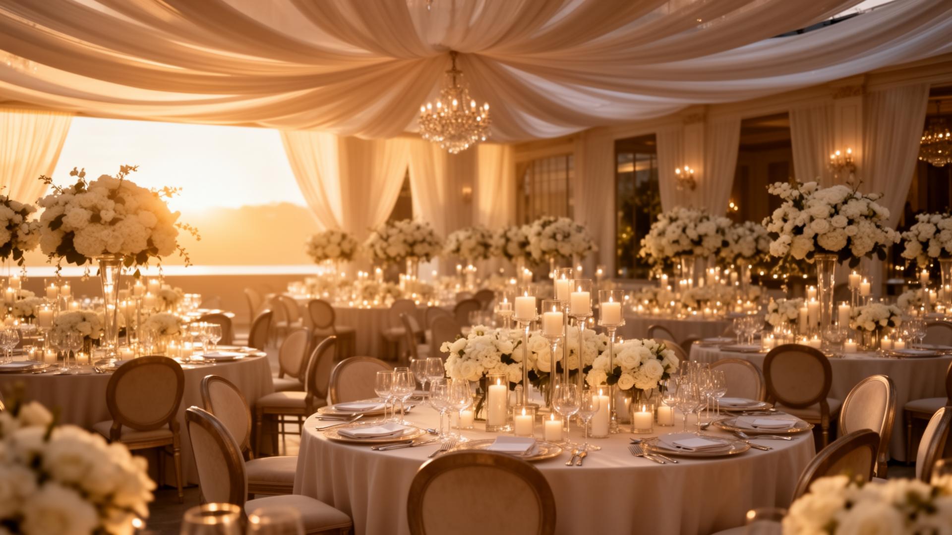 Elegant candlelit wedding reception at golden hour